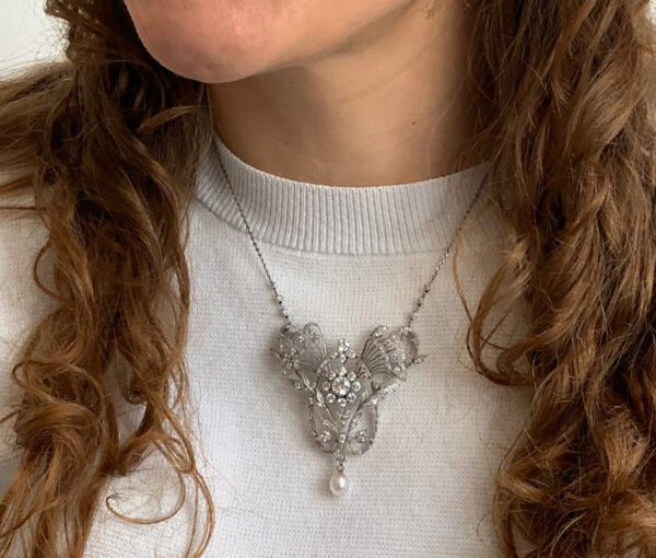 Antique Edwardian 3.7ct Old Cut Diamond and Pearl Necklace/Brooch