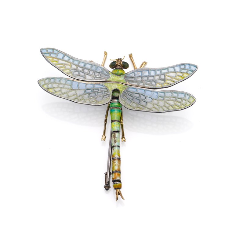 Late Art Deco Plique a Jour Enamel Dragonfly Brooch