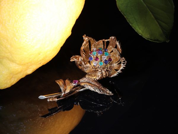 Vintage Cartier Diamond Ruby Sapphire Emerald Flower Brooch, 1950's