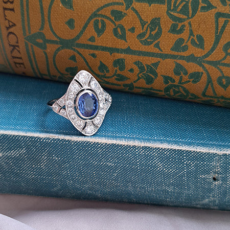 Art Deco Style 1.9ct Sapphire and Diamond Navette Cluster Plaque Ring