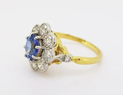 Vintage 1.70ct Natural Sapphire and Diamond Oval Floral Cluster Ring