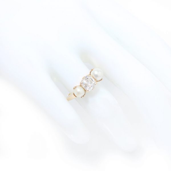 Antique Victorian Old Cushion Cut Diamond and Pearl Three Stone Ring