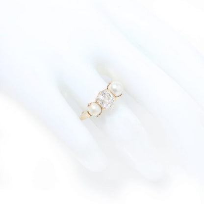 Antique Victorian Old Cushion Cut Diamond and Pearl Three Stone Ring