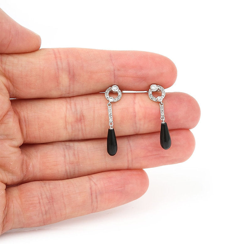 Art Deco Style Onyx and Diamond Drop Earrings