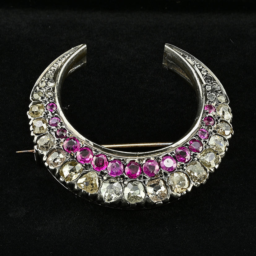 Victorian Antique 3.10ct Old Cut Diamond and Ruby Crescent Moon Brooch