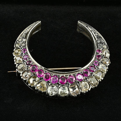 Victorian Antique 3.10ct Old Cut Diamond and Ruby Crescent Moon Brooch