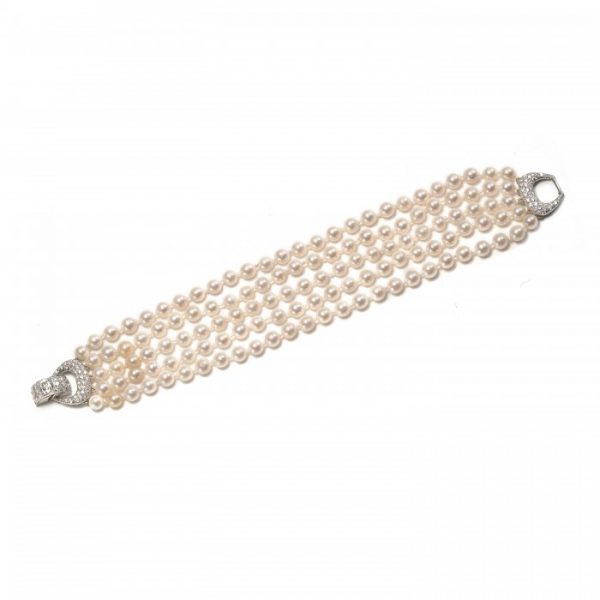 Vintage Five Row Pearl and Diamond Bracelet, 2.00 carat total