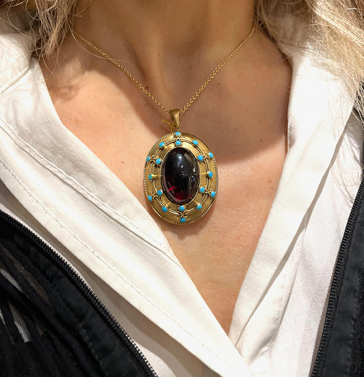 Antique Victorian Garnet and Turquoise Locket Pendant