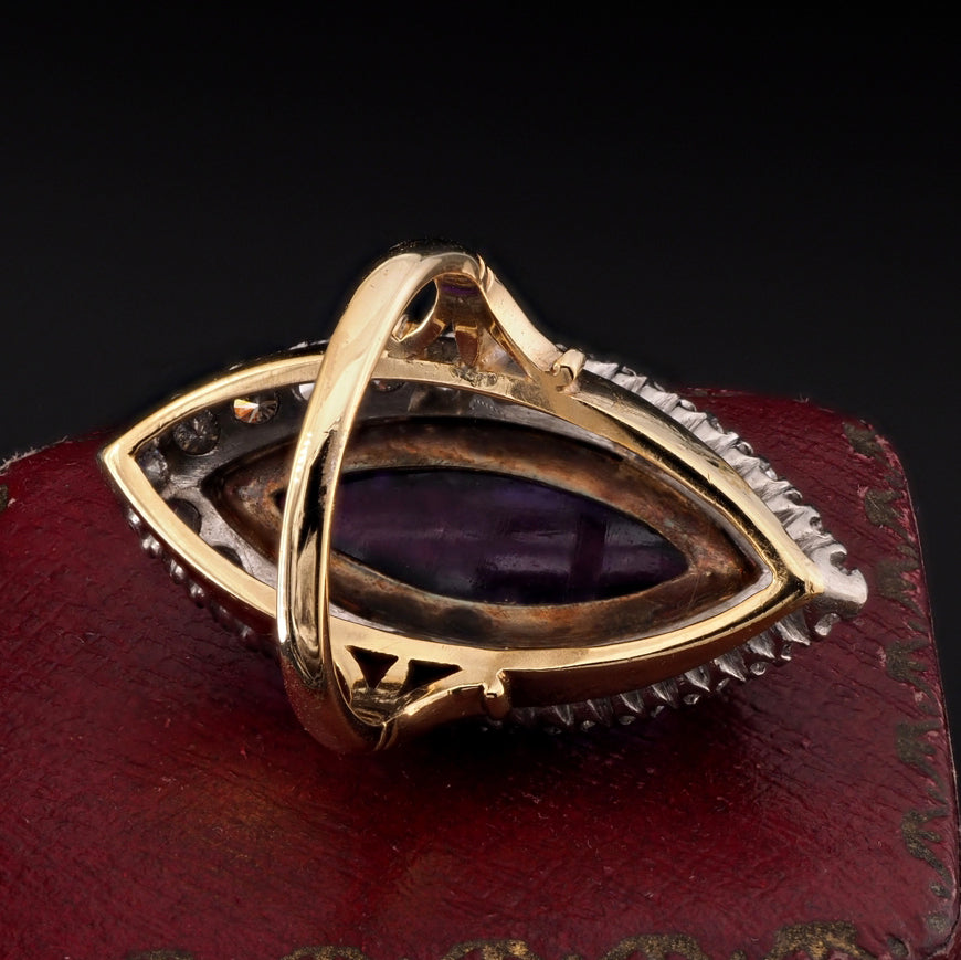 Antique 16ct Marquise Cabochon Amethyst and Diamond Cluster Navette Ring