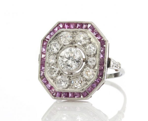 Art Deco Diamond, Ruby and Platinum Cluster Ring, Circa 1930