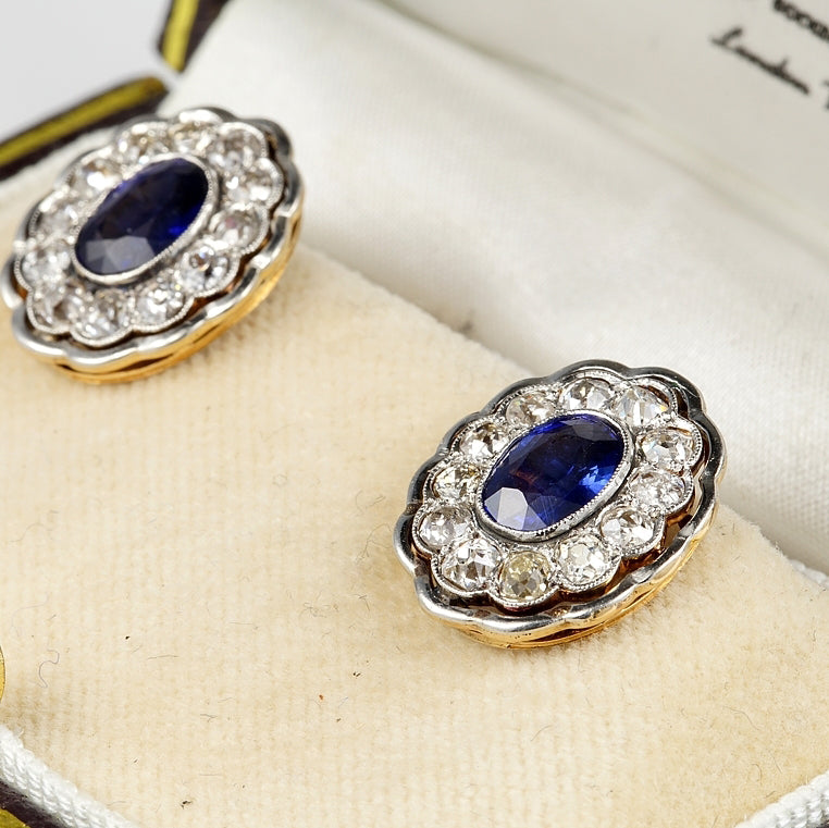 Antique Edwardian 2.6ct Natural No Heat Ceylon Sapphire and Diamond Oval Cluster Earrings