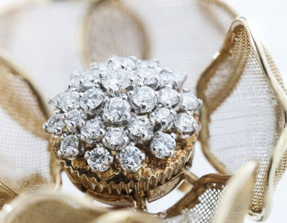 Vintage Cartier Diamond and Gold Rose Flower Moveable Brooch, with articulated petals, 2.25 carat total, Made in France, 1955