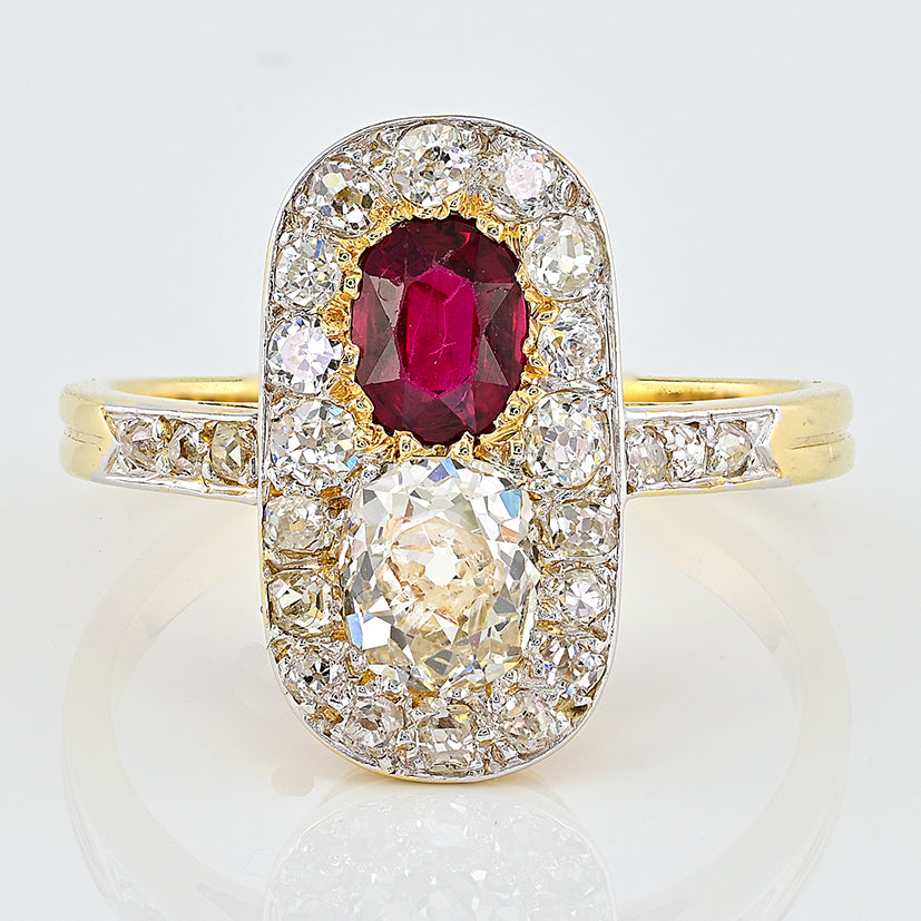 Edwardian Antique Natural No Heat Ruby and Old Mine Cut Diamond Two Stone Cluster Plaque Ring in Platinum and 18ct Yellow Gold