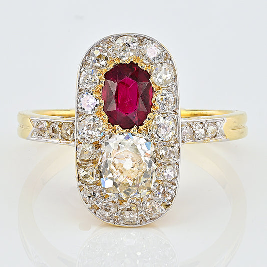 Edwardian Antique Natural No Heat Ruby and Old Mine Cut Diamond Two Stone Cluster Plaque Ring in Platinum and 18ct Yellow Gold