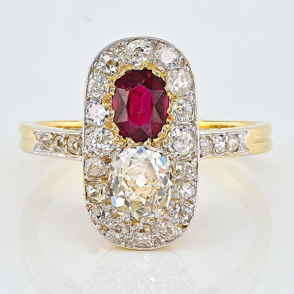Edwardian Antique Natural No Heat Ruby and Old Mine Cut Diamond Two Stone Cluster Plaque Ring in Platinum and 18ct Yellow Gold