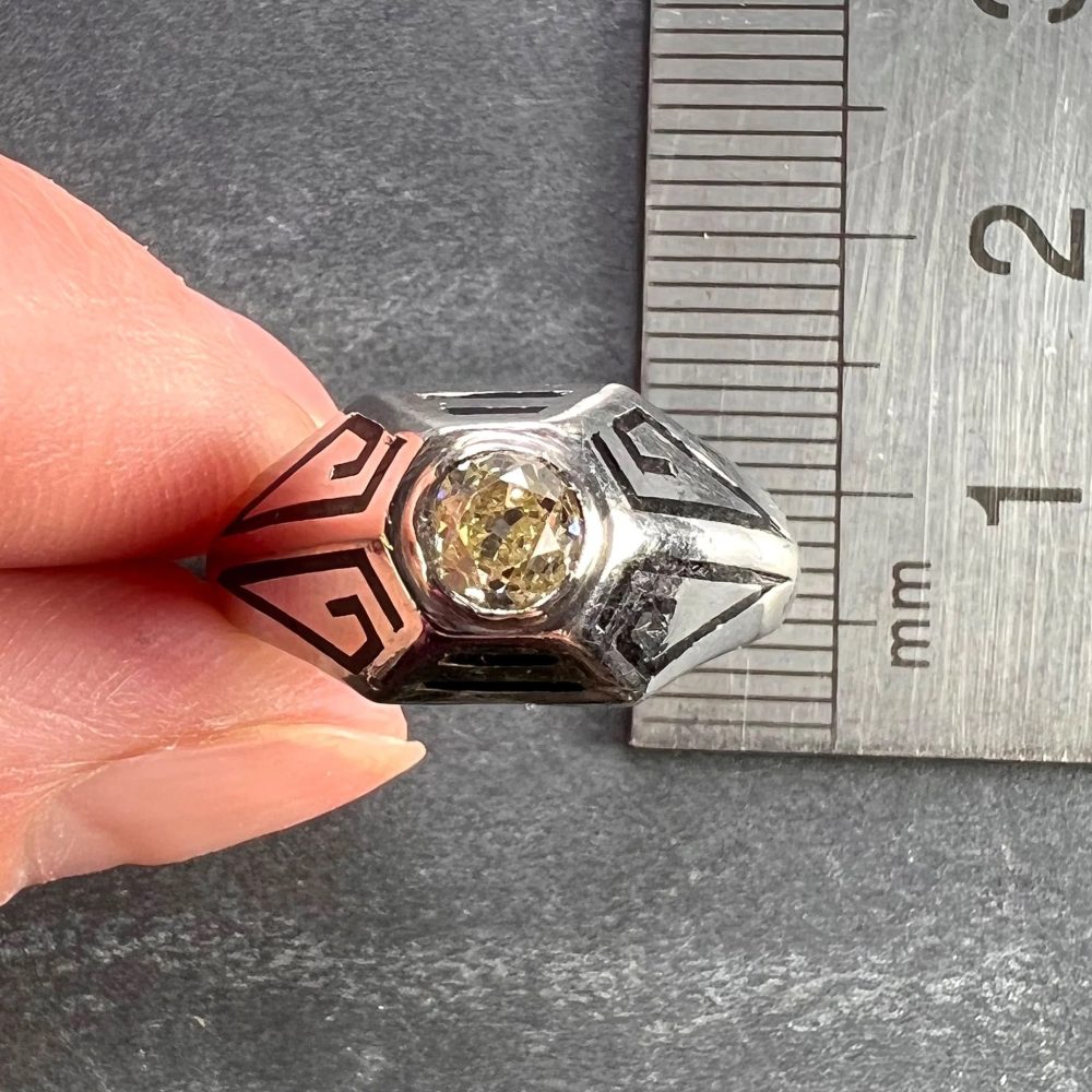 Art Deco 0.45ct Old European Cut Tinted Yellow Diamond Black Enamel and 14ct White Gold Ring