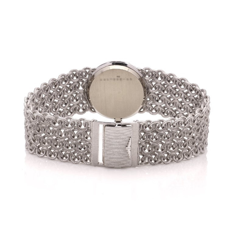 Ladies Vintage Longines 18ct White Gold Watch with Diamond Bezel on a woven design 18ct white gold strap. Circa 1970s