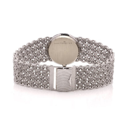 Ladies Vintage Longines 18ct White Gold Watch with Diamond Bezel on a woven design 18ct white gold strap. Circa 1970s