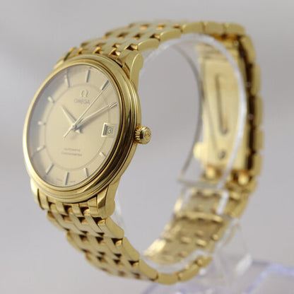 Omega 18ct Yellow Gold 35mm Automatic Chronometer, gold colour dial, date indicator, sapphire crystal, gold bracelet strap with matching fold-over clasp, with Omega box.