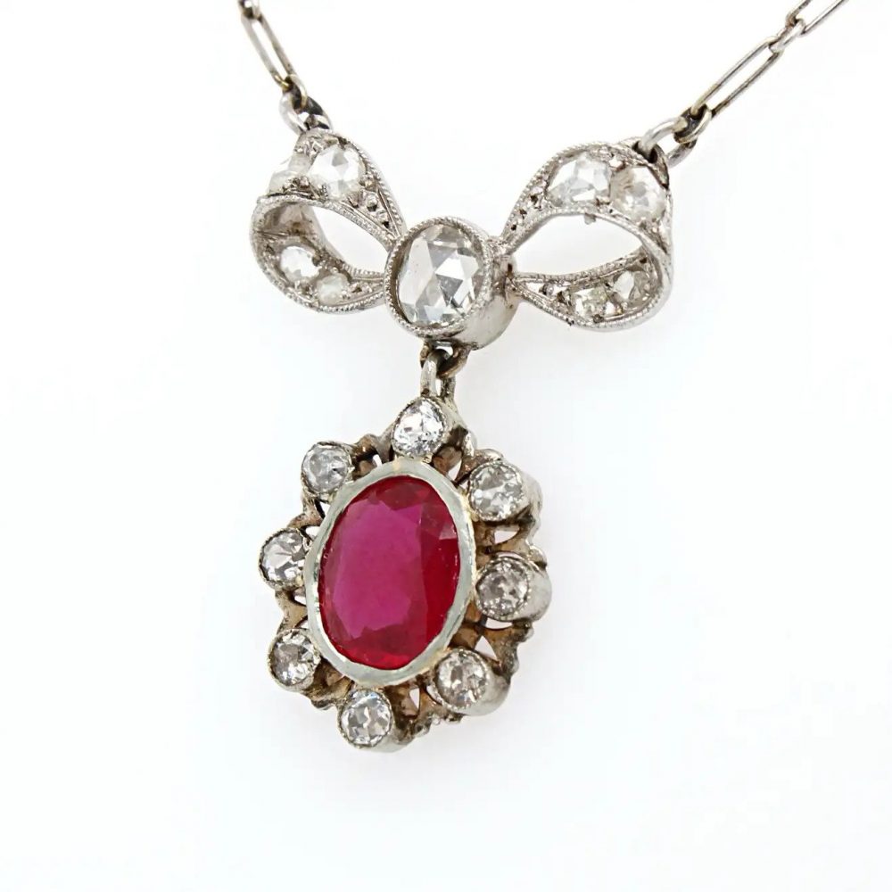 Belle Epoque Burma Ruby and Diamond Bow Pendant Necklace