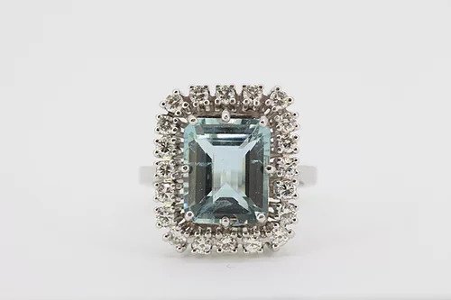 4.64ct Emerald Cut Aquamarine and Diamond Cluster Dress Ring