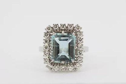 4.64ct Emerald Cut Aquamarine and Diamond Cluster Dress Ring