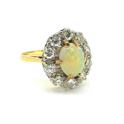 Vintage Antique Style Opal and Diamond Cluster Engagement Ring
