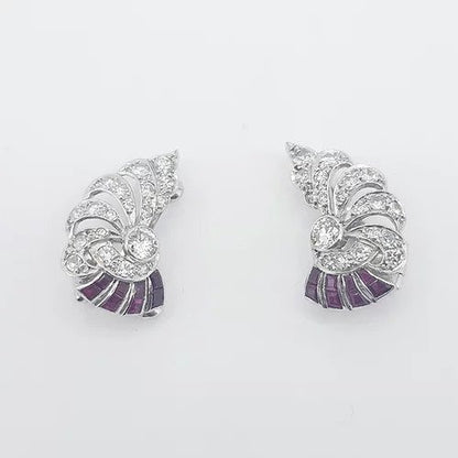 Art Deco Old Cut Diamond and Ruby Spray Earrings, in 18ct white gold