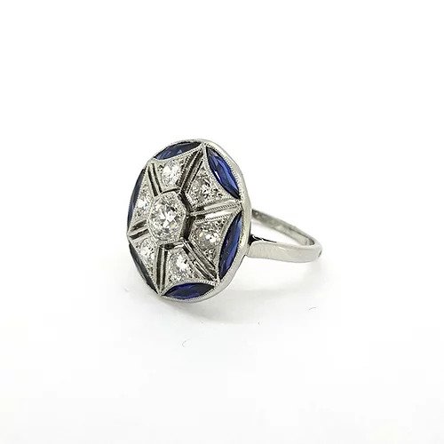 French Calibre Cut Sapphire and Diamond Cluster Dress Ring in Platinum