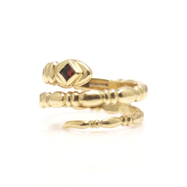Vintage 18ct Yellow Gold Snake Ring with Garnet, Circa 1989