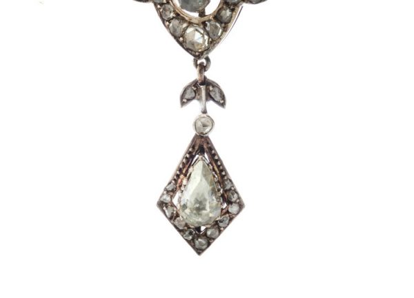 Antique 19thC Diamond Openwork Pendant Necklace, set with 3.83 carats of mixed-cut diamonds, in 15ct yellow gold, Made in England, Circa 1850