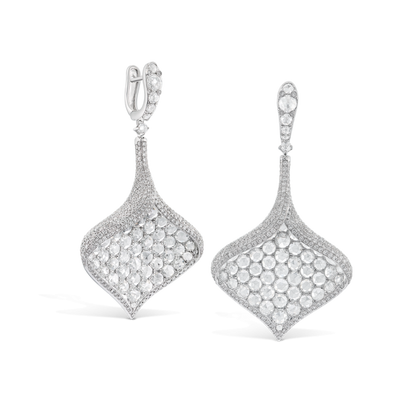 Rose Cut Diamond Leaf Petal Drop Earrings; designed as three-dimensional leaves or petals, set with 7.84 carats of round rose cut diamonds surrounded by 908 brilliant full cut diamonds, in 18ct white gold
