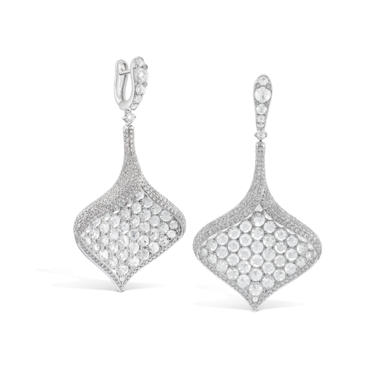 Rose Cut Diamond Leaf Petal Drop Earrings; designed as three-dimensional leaves or petals, set with 7.84 carats of round rose cut diamonds surrounded by 908 brilliant full cut diamonds, in 18ct white gold