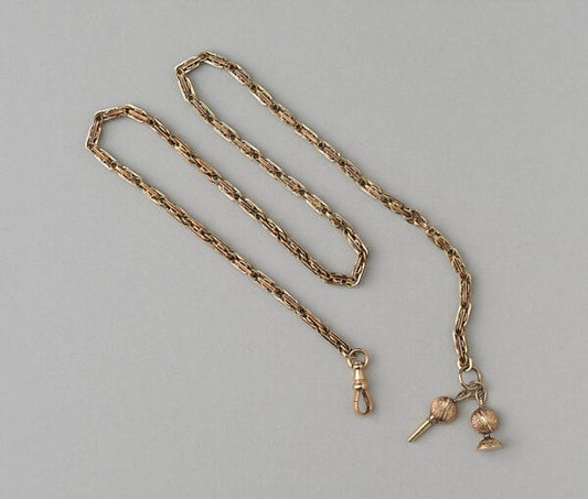 Antique Victorian Gold Fancy Link Chain with Key and Fob