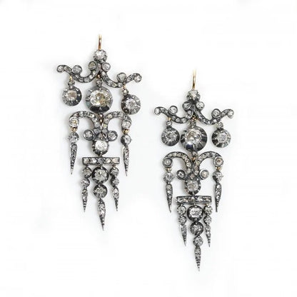 Antique Early Victorian Old Cut Diamond Chandelier Earrings, 5 carats,Mid 19th Century Circa 1850