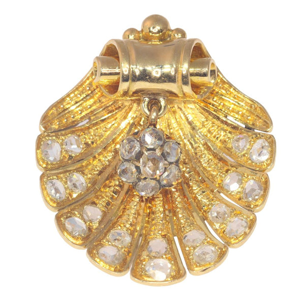 Victorian Antique Rose Cut Diamond Set Gold Shell Brooch, 18ct yellow gold brooch in the form of a shell accented with 25 rose-cut diamonds. Late 19th century Circa 1880
