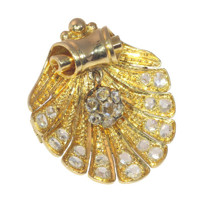 Victorian Antique Rose Cut Diamond Set Gold Shell Brooch