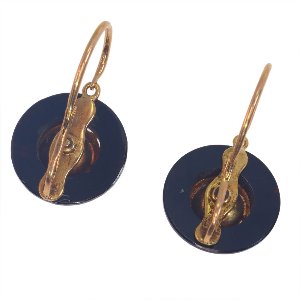 Early Victorian Antique Coral Onyx and Gold Earrings