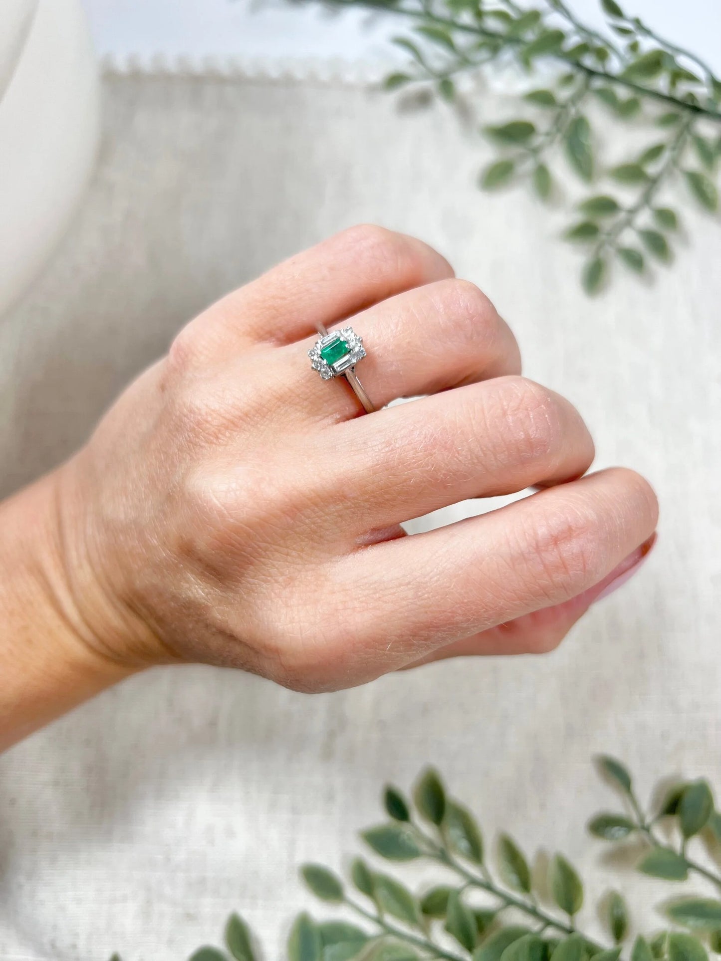 Vintage 18 Carat White Gold Emerald Cut Emerald and Diamond Cluster Ring, Circa 1940
