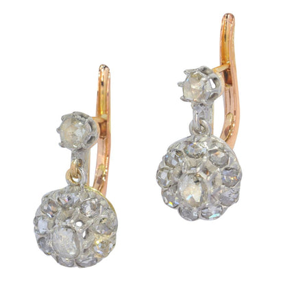 Antique Rose Cut Diamond Cluster Drop Earrings