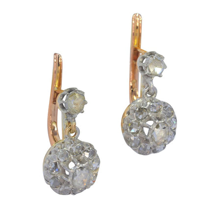 Antique Rose Cut Diamond Cluster Drop Earrings