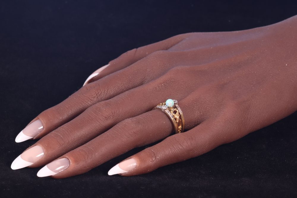 Antique Victorian Opal and Diamond Set 18ct Yellow Gold Openwork Gold Band Ring