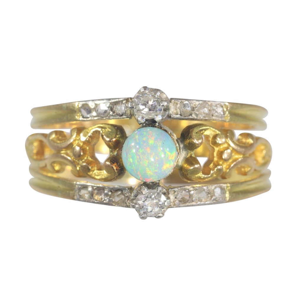 Antique Victorian Opal and Diamond Set 18ct Yellow Gold Openwork Gold Band Ring