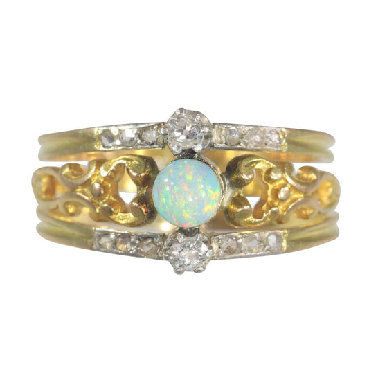 Antique Victorian Opal and Diamond Set 18ct Yellow Gold Openwork Gold Band Ring