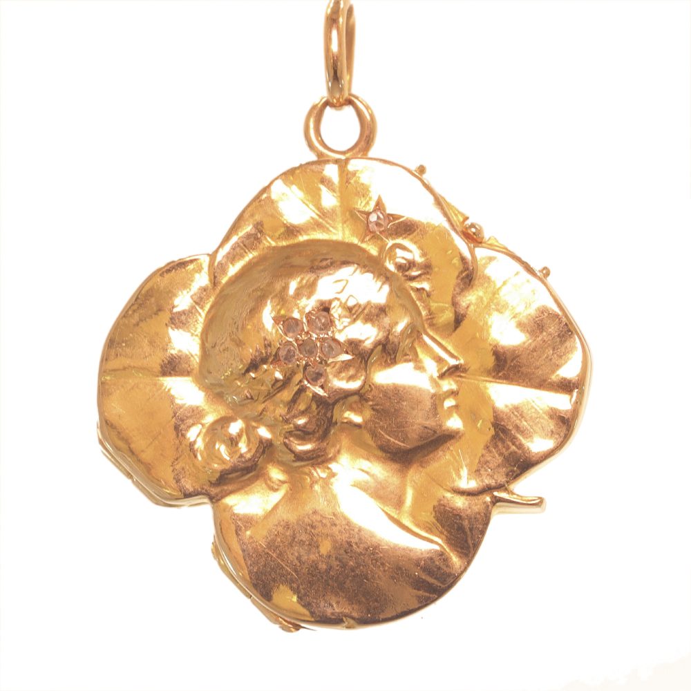 Antique Art Nouveau 18ct Yellow Gold Lucky Four Leaf Clover Locket Pendant with Diamonds