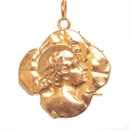 Antique Art Nouveau 18ct Yellow Gold Lucky Four Leaf Clover Locket Pendant with Diamonds
