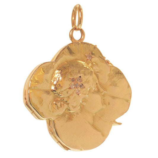 Antique Art Nouveau 18ct Yellow Gold Lucky Four Leaf Clover Locket Pendant with Diamonds
