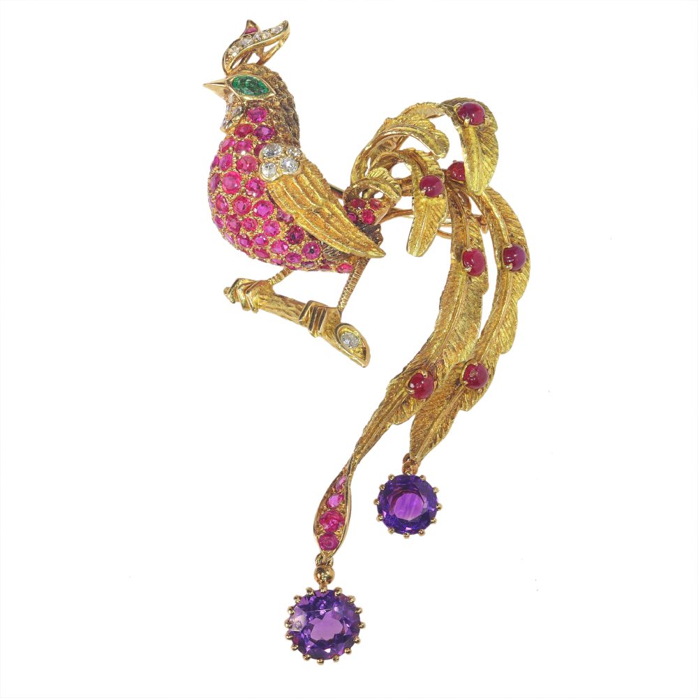 Vintage 1960s Diamond Ruby Amethyst Bird Brooch by Jean-Claude Champagnat