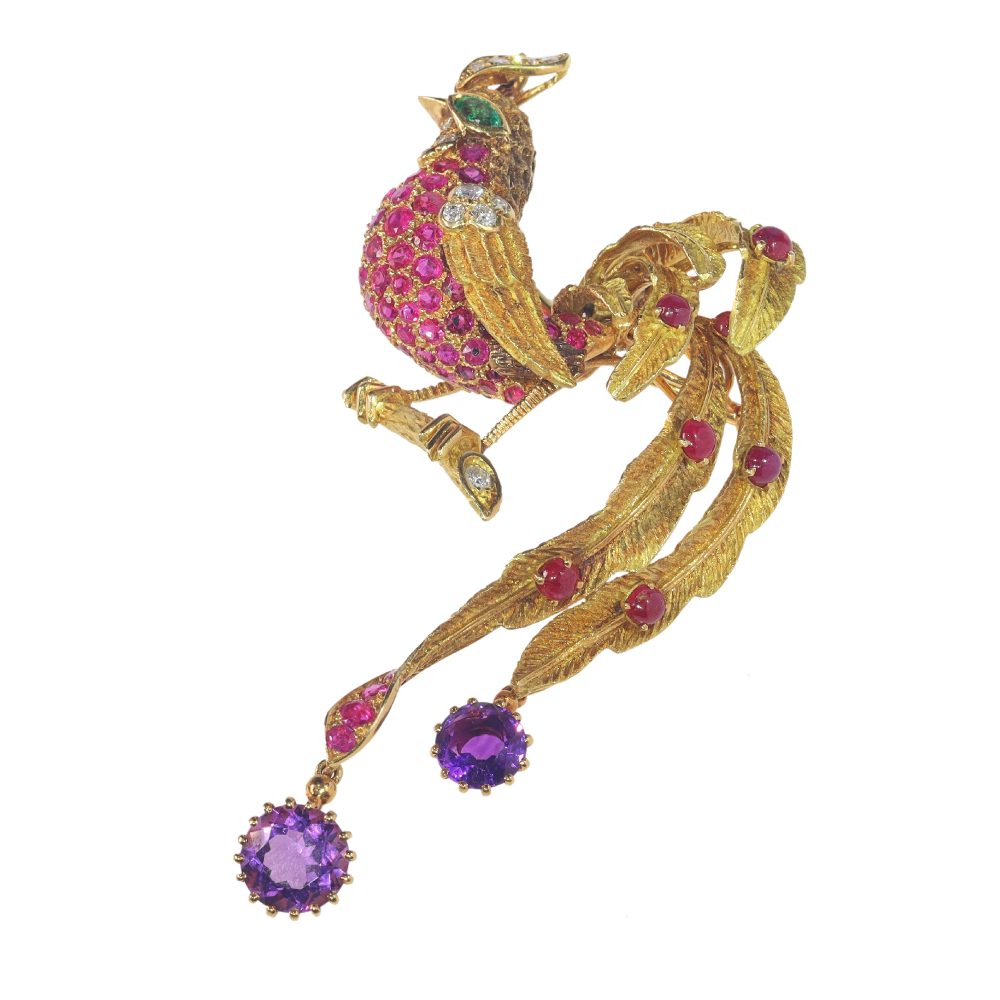 Vintage 1960s Diamond Ruby Amethyst Bird Brooch by Jean-Claude Champagnat