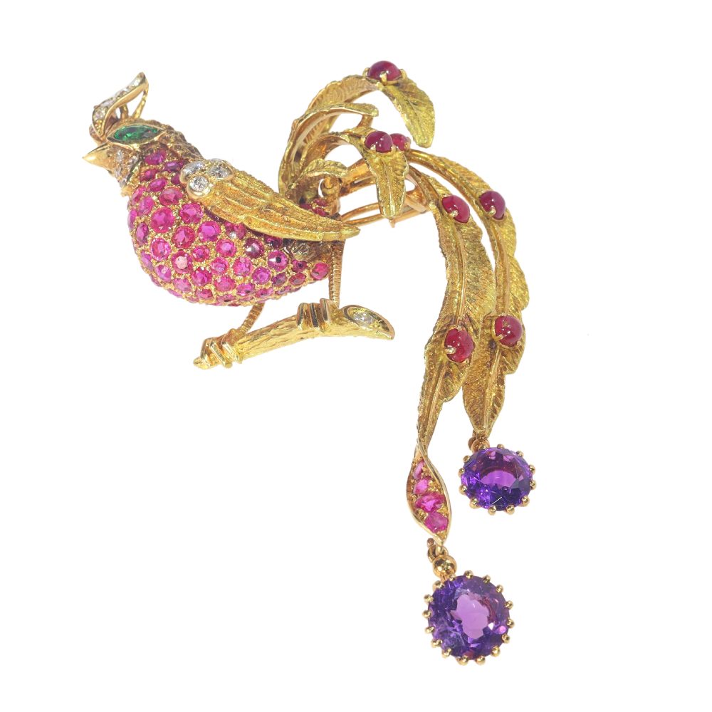 Vintage 1960s Diamond Ruby Amethyst Bird Brooch by Jean-Claude Champagnat